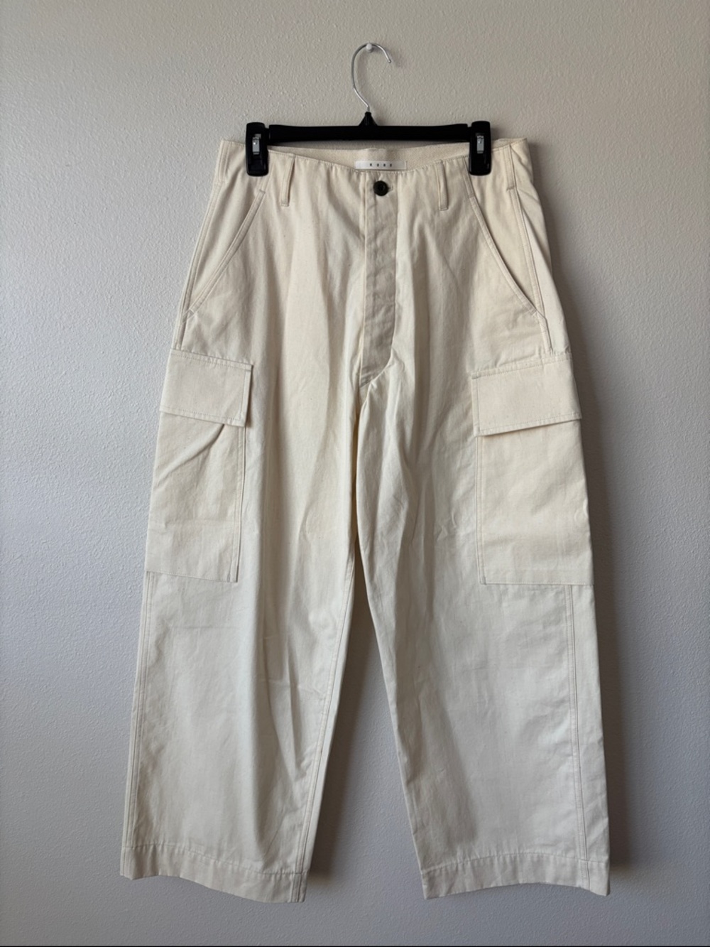 KURO Japanese denim off white speckled cargo jeans button fly sz 0 y2k wide leg